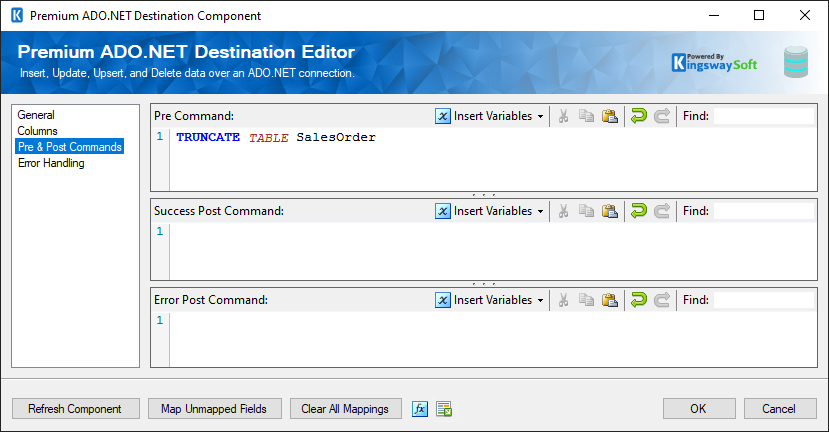 Premium ADO.NET Destination - Pre & Post Commands Page